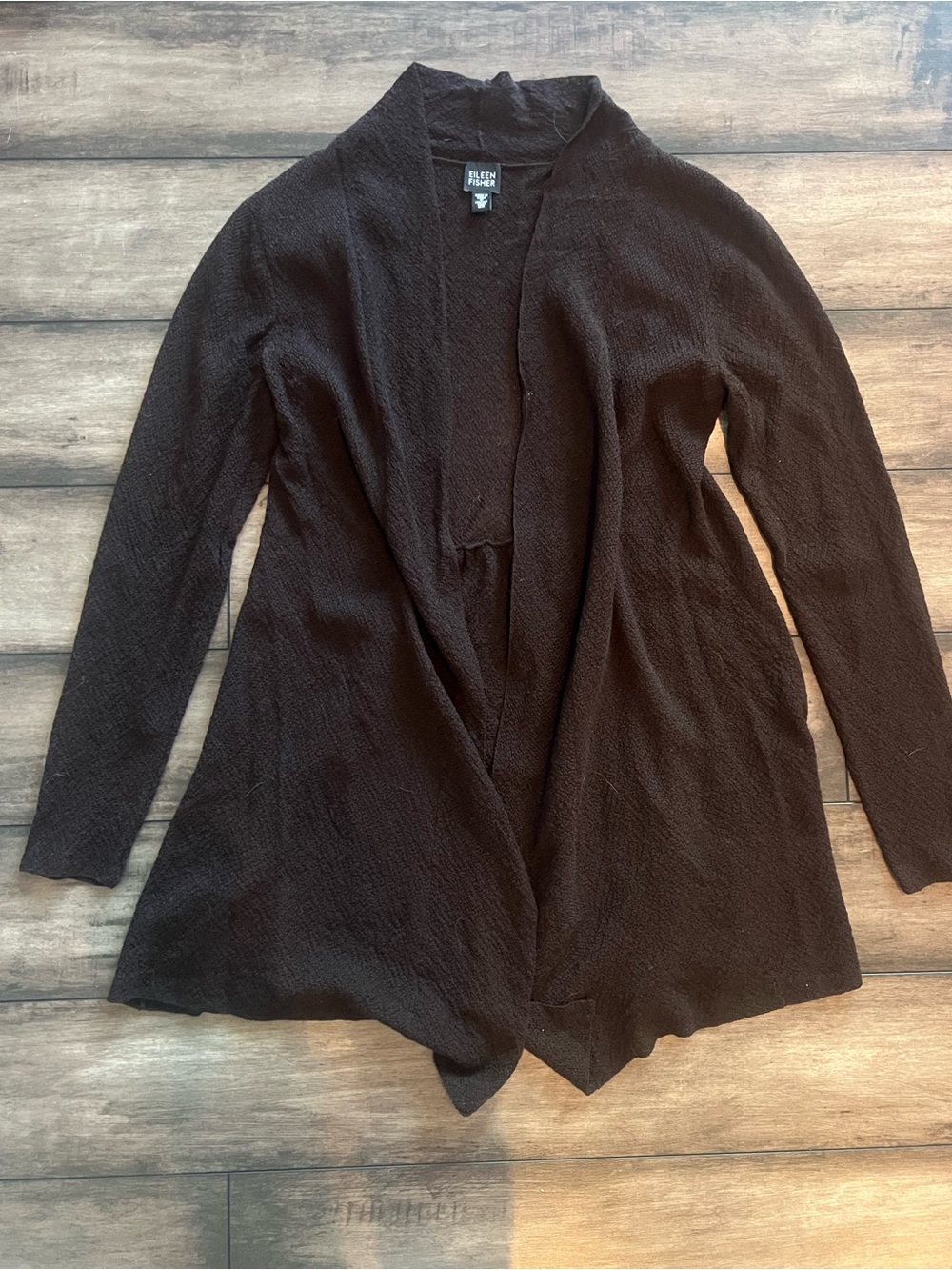 Eileen Fisher Dark Brown Open-Front Draped Cardigan 100% Wool Women’s xs Fall